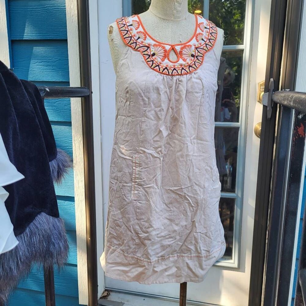 Bohemian Floreat Anthropologie Gathered Front Embroidered Neck Cotton Dress with
